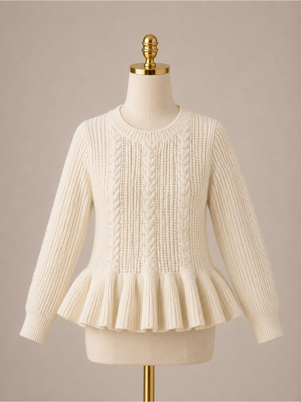 Amaryllis Cream Cable-Knit Peplum Crew Sweater